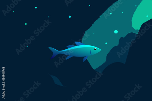 Underwater Explorer: A solitary fish, illuminated by ethereal light, gracefully navigates the depths of the sea, amidst the abstract contours of its aquatic home.