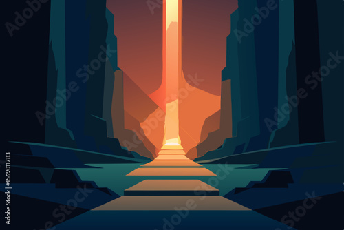 Journey into the Light: An artistic depiction of a stone-paved path leading towards a luminous opening, with stark, geometric lines defining the encompassing canyon walls.