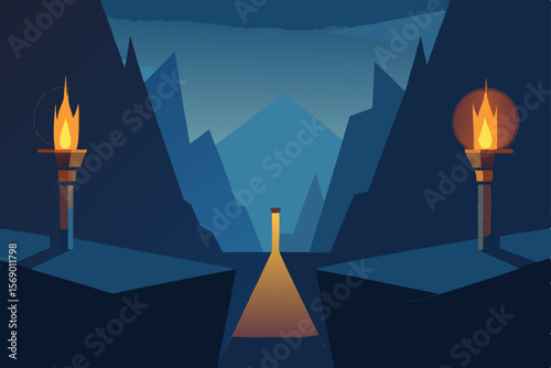 Illuminated Cave Entrance: A mysterious cave entrance with two torches illuminating a path into the depths of the unknown, creating a sense of adventure and exploration. 