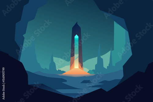 Luminous Pillar in the Cavern:  An abstract illustration showcases a majestic, glowing pillar of light within a cavern. Evoking a sense of mystery and the unknown. 