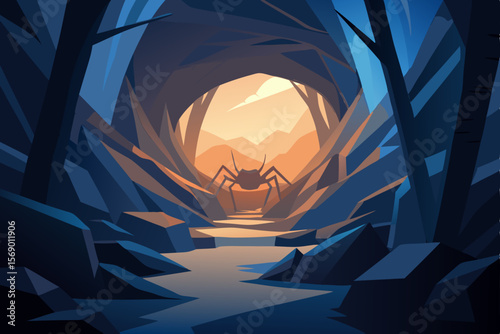 Giant Spider Cave: Low poly illustration of a giant spider lurking in the mouth of a dark cave, stream flows in the foreground, mountains in the background. 