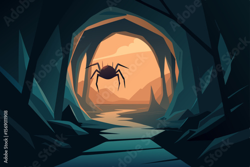Hidden Realm: A dark and mysterious cave frames a spider, floating, casting an eerie glow, inviting the viewer into a realm of shadows and secrets.
