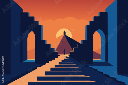 Sunset Pyramid Path: A minimalist illustration depicting a lone figure ascending a grand staircase towards a majestic pyramid silhouetted against a vibrant sunset.
