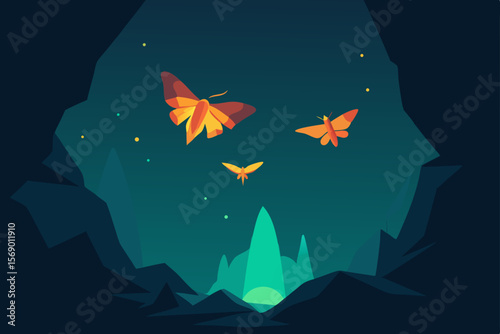 Enchanted Night: Capturing the delicate dance of vibrant butterflies amidst a celestial wonderland of nocturnal beauty, symbolizing metamorphosis, dreams.