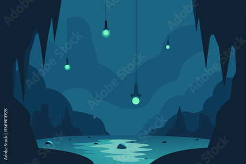 Mysterious Cave Scene: A surreal illustration unveils a deep, mysterious cave, adorned with a gentle, glowing light source, casting an ethereal ambiance on a calm pool below.