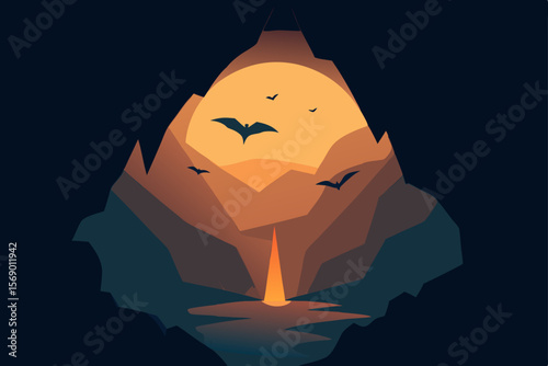 Mystical Mountain Sunset: A breathtaking illustration of a serene mountain landscape bathed in the warm glow of a setting sun, capturing the essence of tranquility and natural beauty.