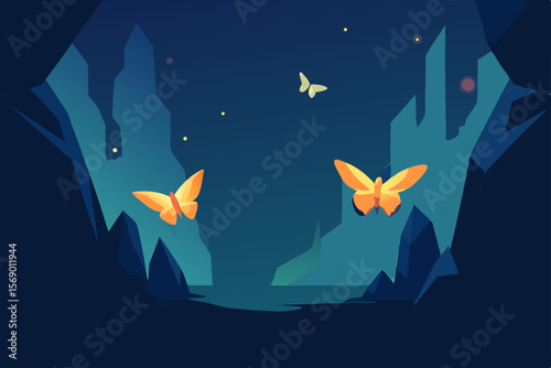 Enchanted Cave Nighttime Fantasy with Glowing Butterflies