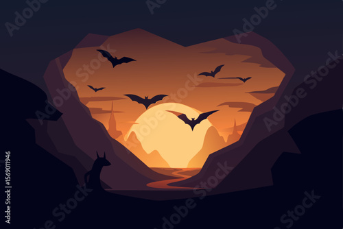 Heart-Shaped Cave Sunset Bats, Silhouette, and Mysterious Landscape