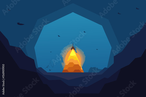 Uplifting Ascent: A vibrant depiction of a rocket soaring towards the sky from a cavernous opening, symbolizing ambition and breakthrough, in a stylized and colorful illustration.