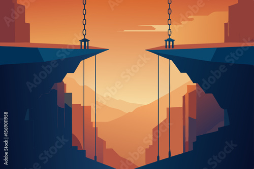 Cliffside Bridge at Sunset: A stylized illustration depicts a precarious bridge connecting two towering cliffs, suspended by chains with hanging lanterns.