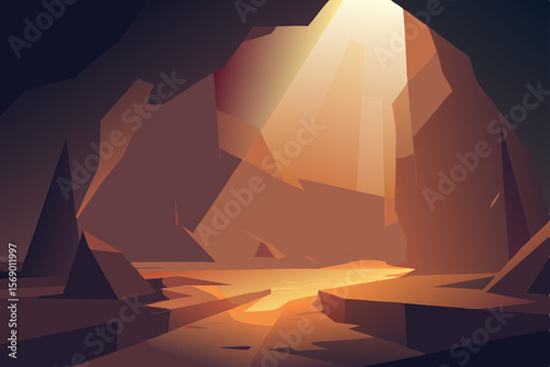 Cave of Light:  Dramatic illustration of a hidden cave interior, illuminated by a single shaft of divine light, creating a compelling interplay of light and shadow, symbolizing hope, and mystery.