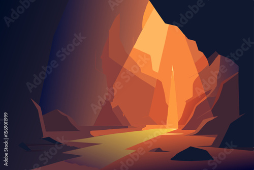 Illuminating Cave: The illustration of a mysterious cave illuminated by a dramatic ray of light, creating an atmosphere of wonder and adventure