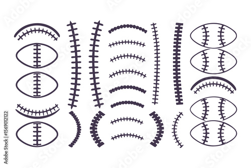 Football laces and stitches vector icon set. Graphic elements for American football design, sports logos, and apparel.