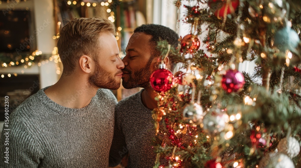 Gay Christmas: Couple of Men Kissing While Decorating Christmas Tree Together Gay Christmas: Couple of Men Kissing While Decorating Christmas Tree Together
