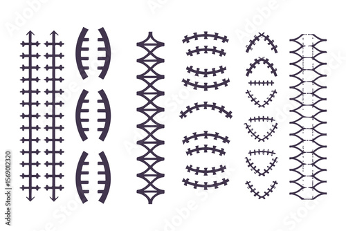 Football laces and stitches vector icon set. Graphic elements for American football design, sports logos, and apparel.