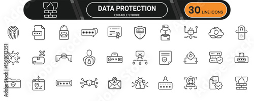 Data protection line icon set. Containing shield, lock, privacy, encryption, firewall, access, secure login and more. Editable stroke. Vector illustration.