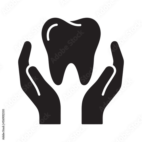 Dental care protection icon with hands holding a tooth symbolizing oral health support sensitive teeth treatment and professional dentist service vector solid glyph