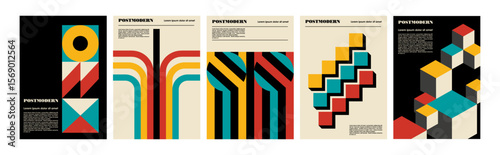 Artworks, posters inspired postmodern of vector abstract dynamic symbols with bold geometric shapes, useful for web background, poster art design, magazine front page, hi-tech print, cover artwork