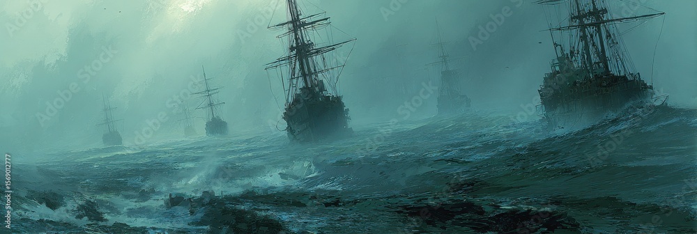 Fototapeta premium Ghost Ships. Haunting Sea of Wrecks in Stormy Ocean Fog