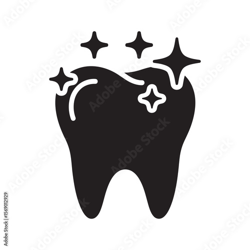 Tooth whitening icon with sparkles representing dental aesthetics treatment for a clean healthy smile and strong oral hygiene after professional care vector solid glyph