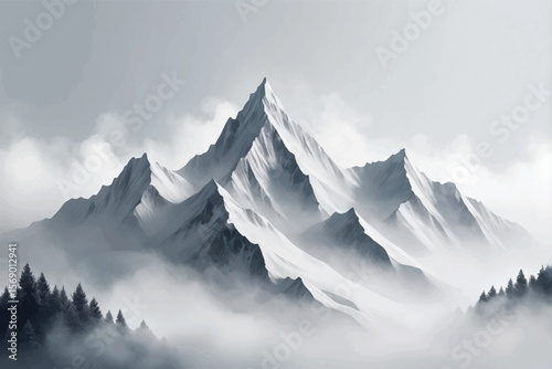 Snowy Mountain Ridge in Foggy Winter Landscape
