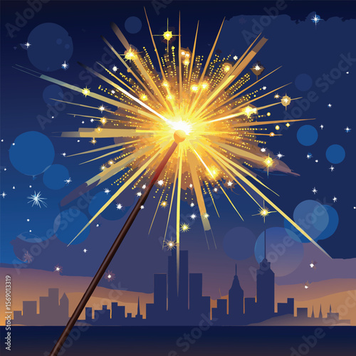 Sparkler illuminates city skyline at dusk with stars and bokeh silhouette