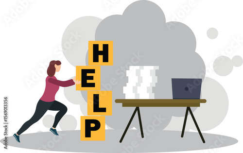 Asking for help to finish overload work, support or help needed, solution to solve busy work problem, overworked or trouble concept. character life .