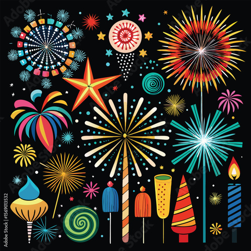 Colorful abstract fireworks and celebration elements silhouette