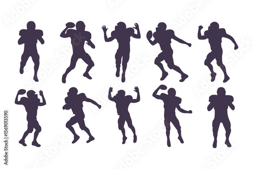 American football player silhouette set. Vector collection of athletes in various running and action poses for sports design.