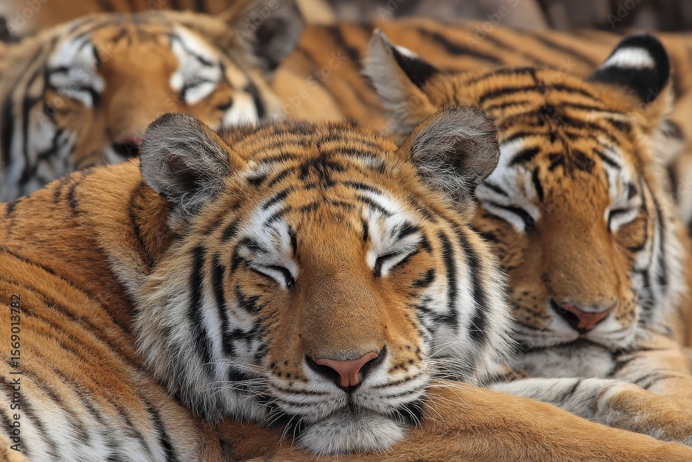 Fototapeta premium Group of Tigers Resting in Indian National Park. Wild Bengal Cats in Nature