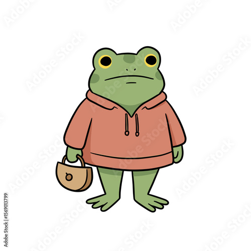Cartoon frog wearing hoodie and holding a handbag  