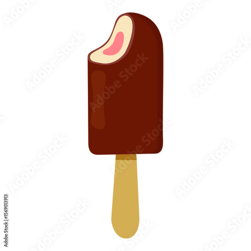 Chocolate ice cream bar with a bite taken out, perfect for summer treats on a hot day at a nearby park