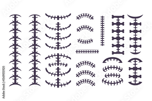 Football laces and stitches vector icon set. Graphic elements for American football design, sports logos, and apparel.