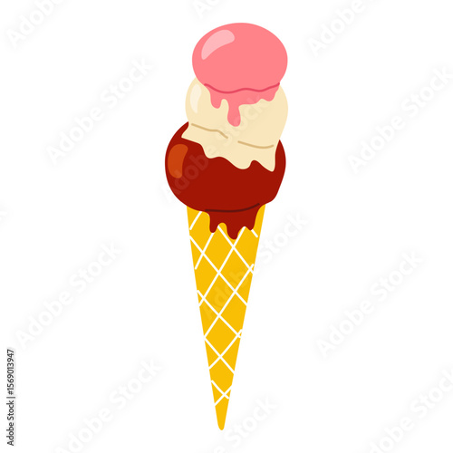 Delicious ice cream cone with three flavors enjoyed on a warm summer day