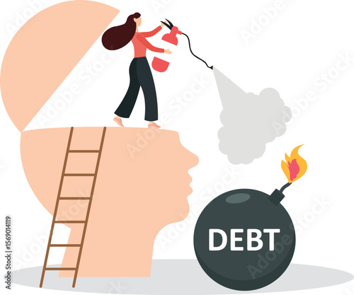 Businessman holding fire extinguisher trying to extinguish lit  debt bomb,