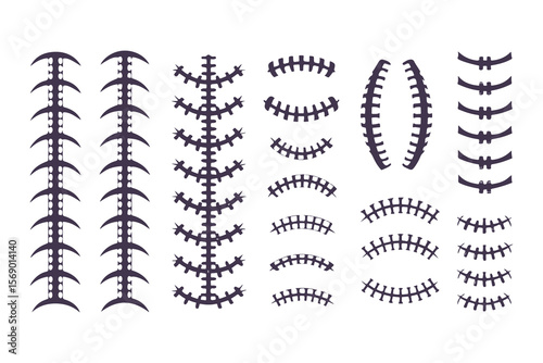 Football laces and stitches vector icon set. Graphic elements for American football design, sports logos, and apparel.