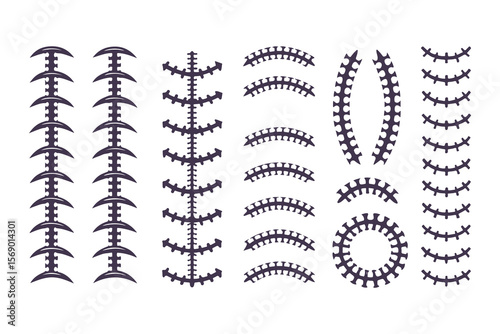 Football laces and stitches vector icon set. Graphic elements for American football design, sports logos, and apparel.