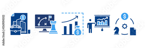 Strategy Business Icon Set Multiple Style Collection, Containing design Financial Markets, Business Model, Economist Explain, Sales Forecasting