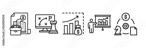 Strategy Business Icon Set Multiple Style Collection, Containing design Financial Markets, Business Model, Economist Explain, Sales Forecasting