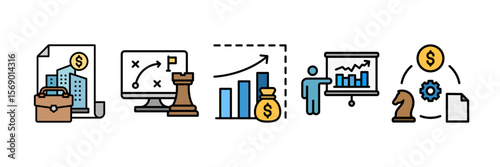 Strategy Business Icon Set Multiple Style Collection, Containing design Financial Markets, Business Model, Economist Explain, Sales Forecasting