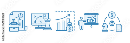 Strategy Business Icon Set Multiple Style Collection, Containing design Financial Markets, Business Model, Economist Explain, Sales Forecasting