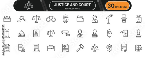 Justice and court line icon set. Containing judge, gavel, scales, case, lawyer, court, justice, legal and more. Editable stroke. Vector illustration.