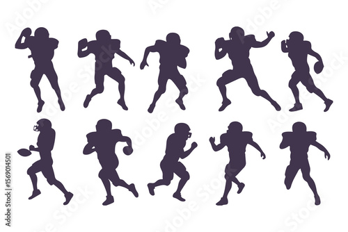 American football player silhouette set. Vector collection of athletes in various running and action poses for sports design.