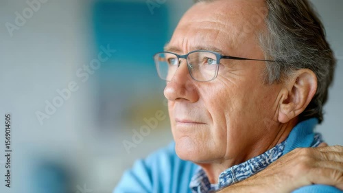 Thoughtful elderly man wearing glasses contemplates brain health stroke awareness and recovery with calm reflective expression