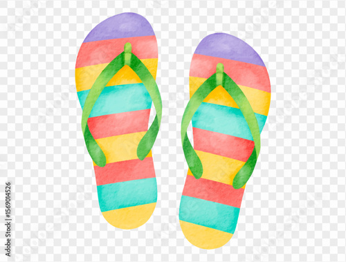 Rainbow striped flip flops in watercolor style, colorful summer beach footwear, hand-painted vacation vector.