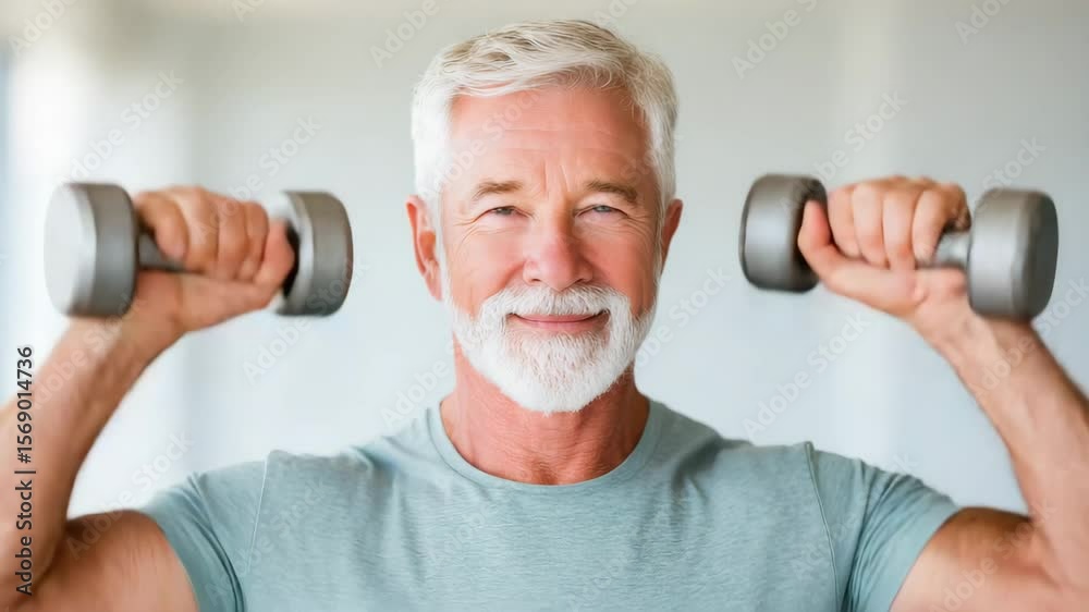 Senior man lifting dumbbell weight exercise for fitness and health supporting brain strength stroke prevention recovery with