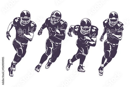 American football player illustration set. Vector graphic of athletes running in dynamic action poses for sports team design.