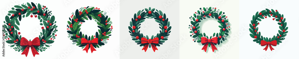 Naklejka premium Christmas Wreath Vector Icons – Green Holiday Laurel Circle with Red Berries and Bows in Flat Style for Festive Decoration