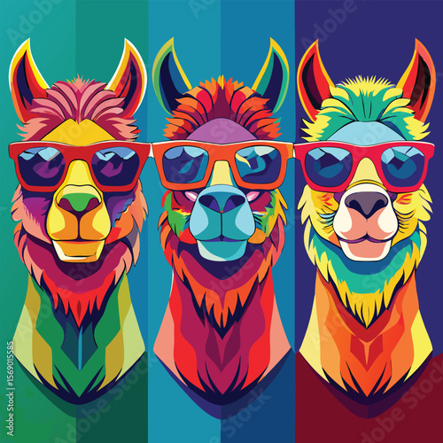 Three cool llamas wearing sunglasses in a pop art style silhouette