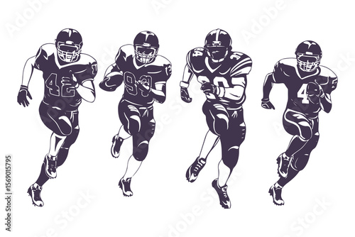 American football player illustration set. Vector graphic of athletes running in dynamic action poses for sports team design.